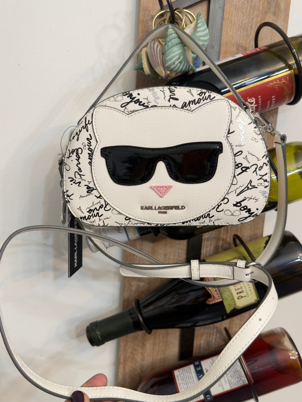 Karl Lagerfeld White Cat Face Crossbody with Black Sunglasses Detail